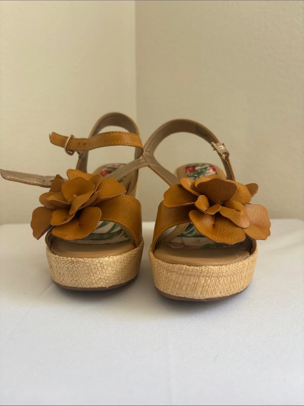 b.o.c. Mustard Floral-Accented Wedge Sandals